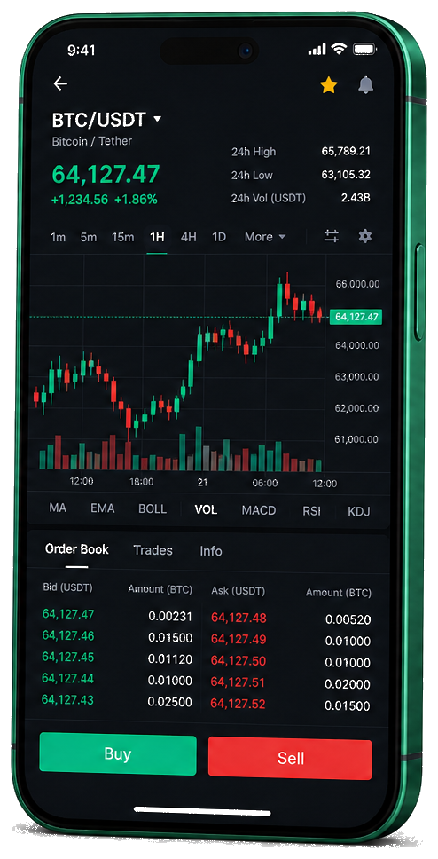 Mobiele handelsinterface van Osmosis Ventures — live BTC/USDT-grafiek met orderboek en functies voor kopen en verkopen